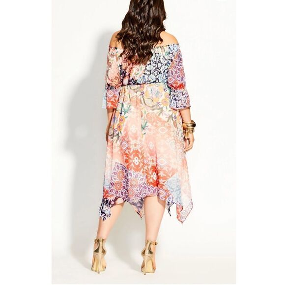 City Chic Adisa Off Shoulder Mixed Media Multi Color Print Shark Bite Hem Dress - Picture 2 of 10